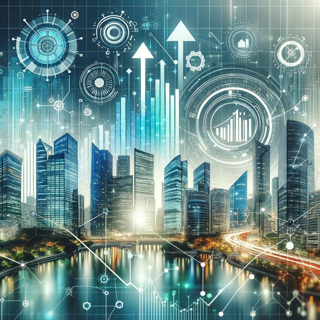 This image captures the vibrant pulse of commercial real estate, championed by Adam Birzer at eXp Commercial. Against the backdrop of a blue and green modern city skyline, signifying growth and innovation, abstract icons of upward arrows and graphs soar, reflecting prosperity and dynamic market trends. Digital elements like grid lines and connected nodes overlay the scene, representing the cutting-edge network and technology-driven approach of eXp Commercial. The color scheme is a polished blend of professional tones, with silver and gold accents highlighting the success and premium service associated with Adam Birzer's expertise in the industry